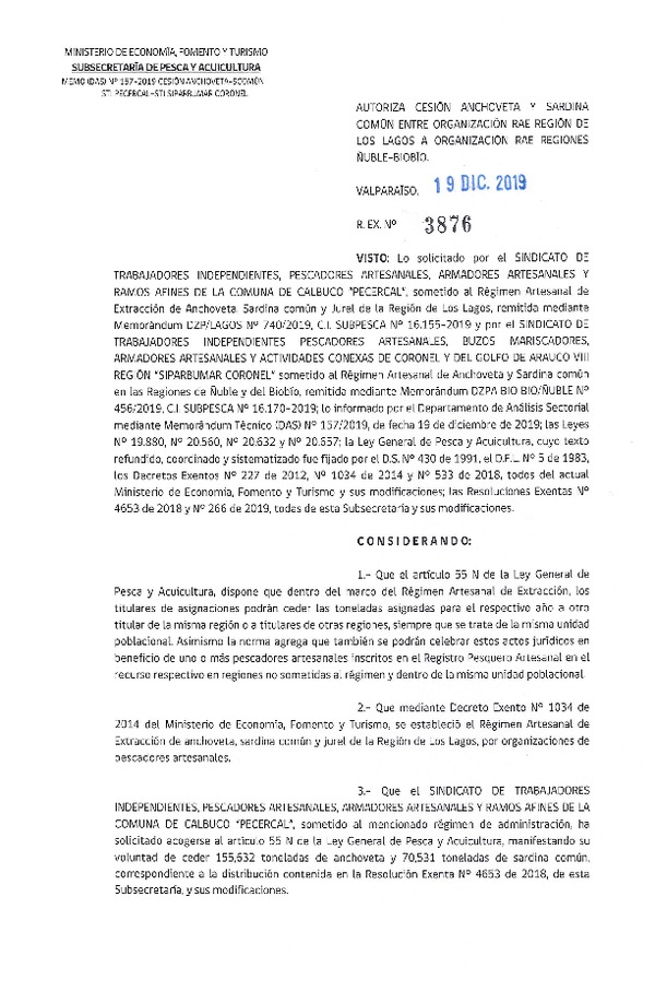 Res. Ex. 3876-2019 Autoriza cesión Anchoveta y Sardina común Región de Los Lagos a Región del Ñuble-Biobío.