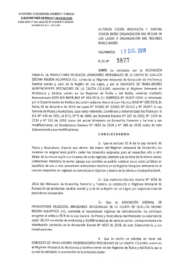 Res. Ex. 3877-2019 Autoriza cesión Anchoveta y Sardina común Región de Los Lagos a Región del Ñuble-Biobío.