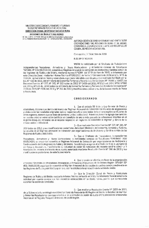 Res. Ex. N° 190-2019 (DZP Región de Ñuble y del Biobío)) Autoriza cesión Anchoveta y sardina común Regiones de Ñuble y del Biobío.