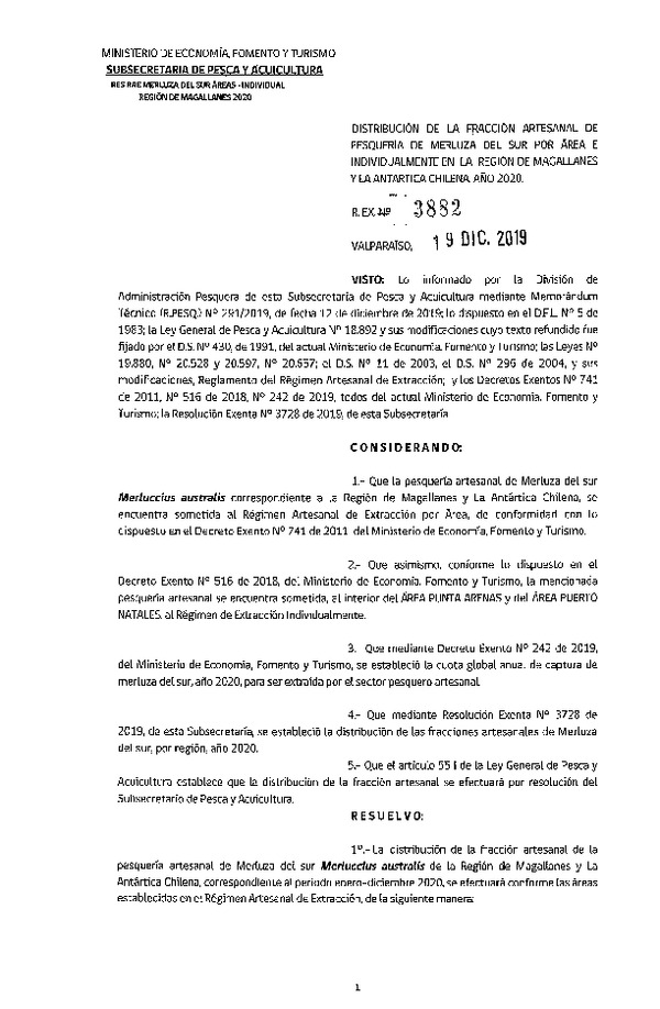 Res. Ex. N° 3882-2019 Distribución de la Fracción Artesanal de Pesquería de Merluza del Sur por Área e Individualmente, Región de Magallanes y la Antártica Chilena, año 2020. (Publicado en Página Web 23-12-2019) (F.D.O. 08-01-2020)