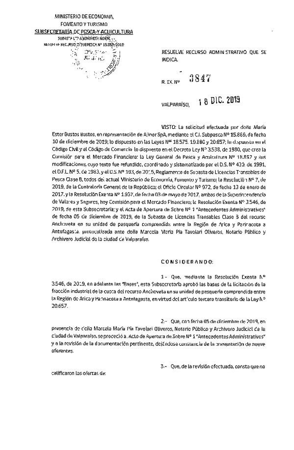 Res. Ex. N° 3847-2019 Resuelve Recurso Administrativo que se Indica.