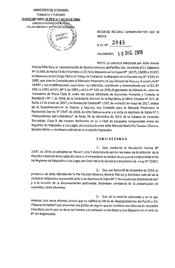 Res. Ex. N° 3848-2019 Resuelve Recurso Administrativo que se Indica.