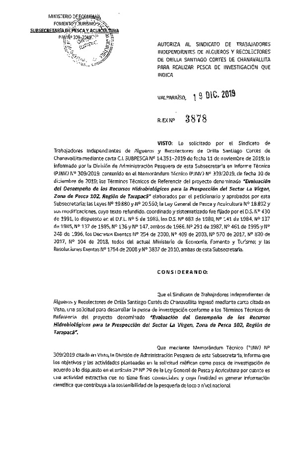 Res. Ex. N° 3878-2019 Evaluación del desempeño recursos hidrobiológicos, sector La Virgen, Región de Tarapacá.