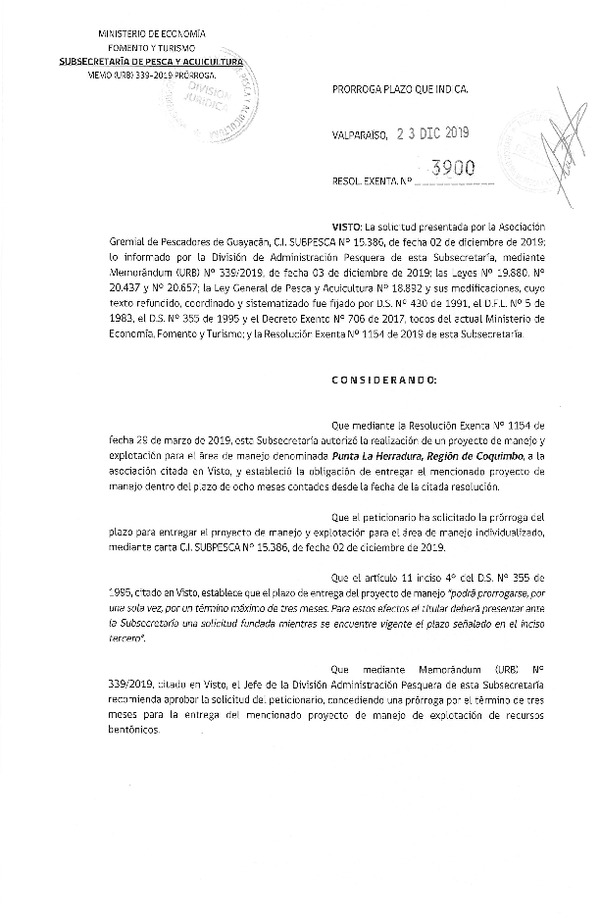Res. Ex. N° 3900-2019 Prorroga Plan de Manejo.