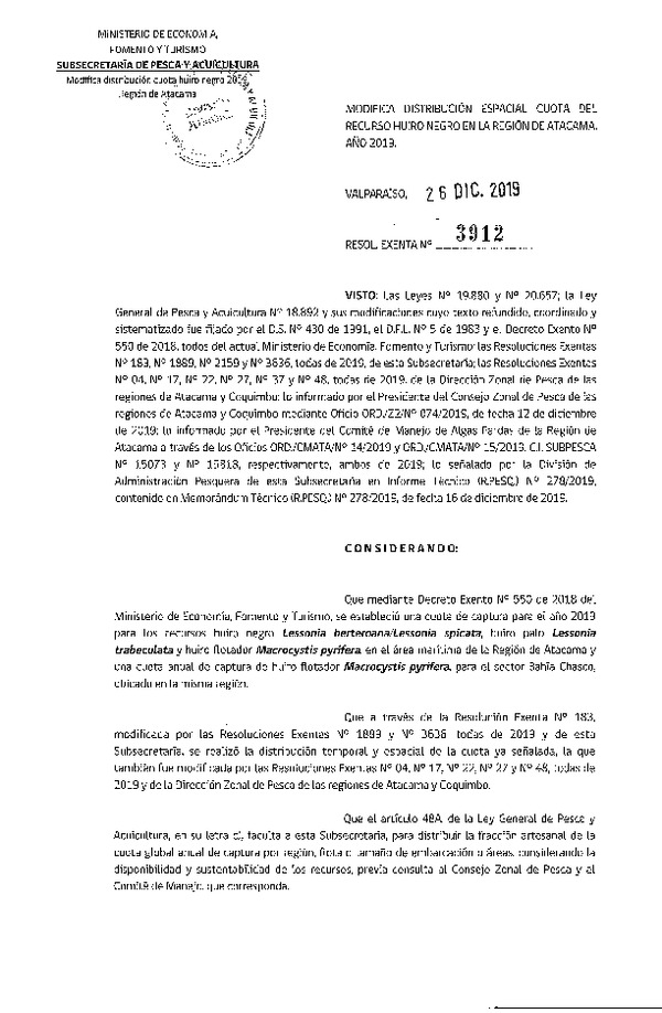 Res. Ex. N° 3912-2019 Modifica Res. Ex. N° 183-2019 Establece Distribución Cuota Recurso Huiro Negro, huiro palo y Huiro Flotador, Región de Atacama, Año 2019. (Publicado en Página Web 26-12-2019) (F.D.O. 08-01-2020)