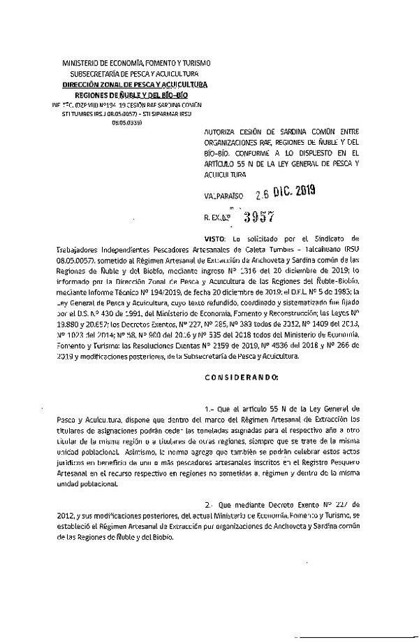 Res. Ex. 3957-2019 Autoriza Cesión Sardina común Regiones de Ñuble-Biobío.