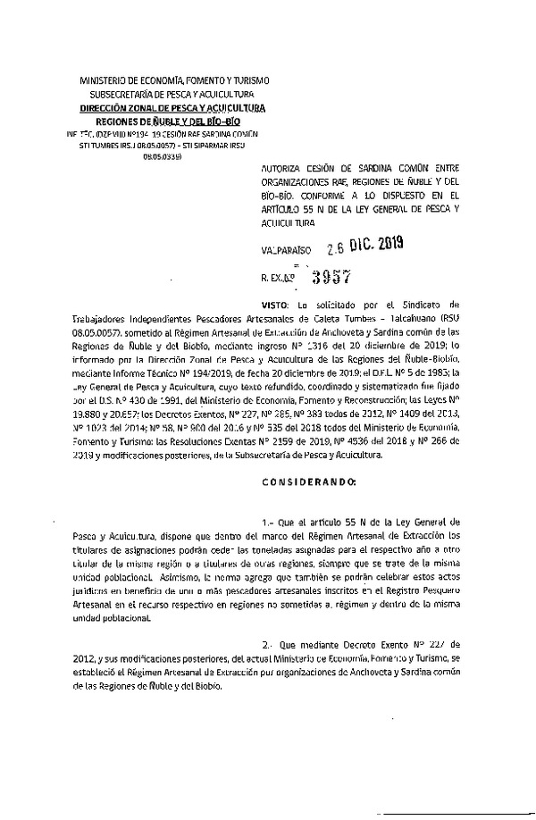 Res. Ex. 3957-2019 Autoriza Cesión Sardina común Regiones de Ñuble-Biobío.