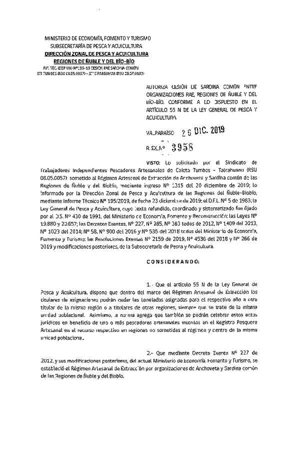 Res. Ex. 3958-2019 Autoriza Cesión Sardina común Regiones de Ñuble-Biobío.