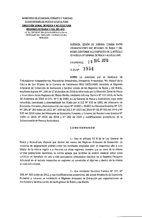 Res. Ex. N° 191-2019 (DZP Región de Ñuble y del Biobío) Autoriza cesión Anchoveta y sardina común Regiones de Ñuble y del Biobío.