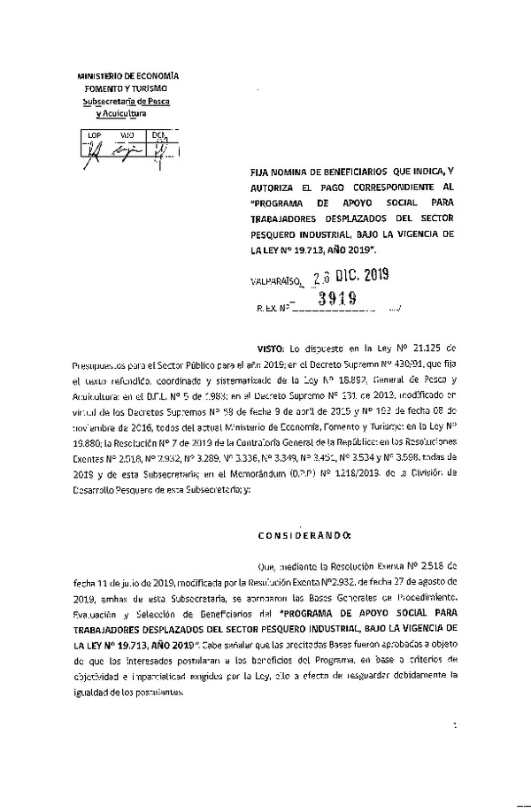 Res. Ex. N° 3919-2019 Fija Nómina de Beneficiarios que Indica, y Autoriza el Pago Correspondiente que Señala.