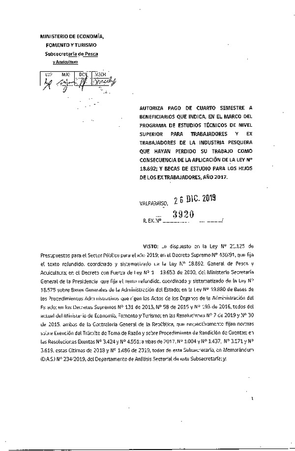 Res. Ex. N° 3920-2019 Autoriza Pago de Cuarto Semestre a Beneficiarios que Indica.