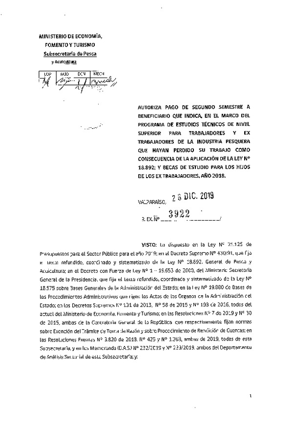 Res. Ex. N° 3922-2019 Autoriza Pago de Segundo Semestre a Beneficiarios que Indica.