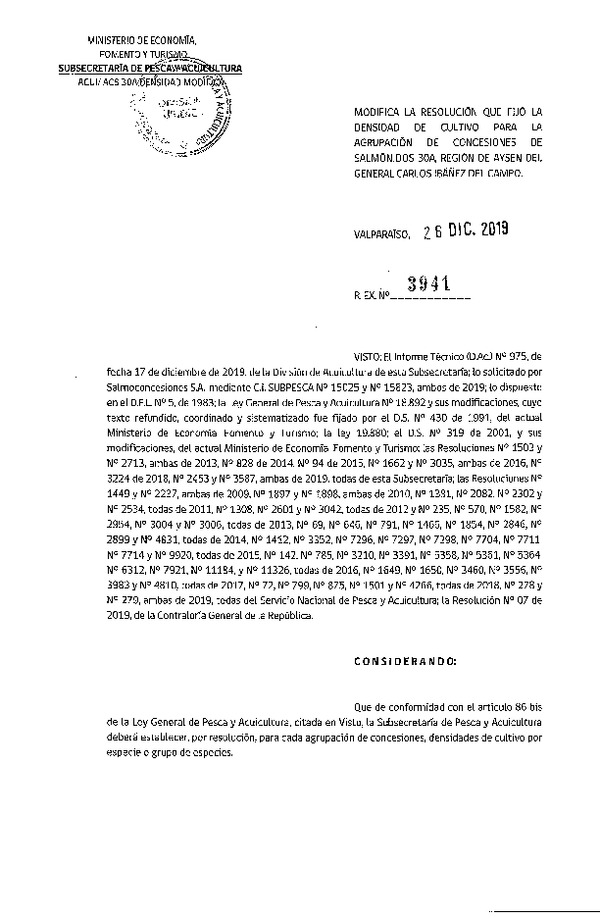 Res. Ex. N° 3941-2019 Modifica Res. Ex. N° 2453-2019 Fija Densidad de Cultivo para la Agrupación de Concesiones de Salmónidos 30A Región de Aysén, (Con Informe Técnico) (Publicado en Página Web 30-12-2019) (F.D.O. 08-01-2020)