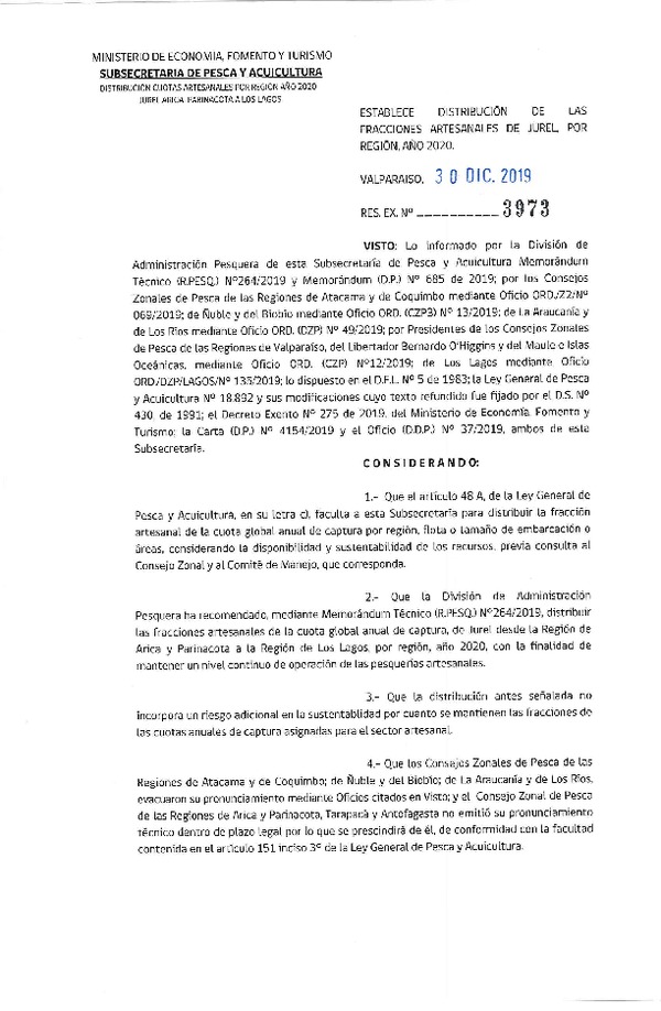 Res. Ex. N° 3973-2019 Establece Distribución de las Fracciones Artesanales de Jurel por Región, Año 2020. (Publicado en Página Web 30-12-2019) (F.D.O. 11-01-2020)