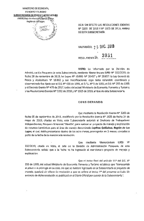 Res. Ex. N° 3931-2019 Deja sin efecto resoluciones que indica. (F.D.O. 08-01-2020)