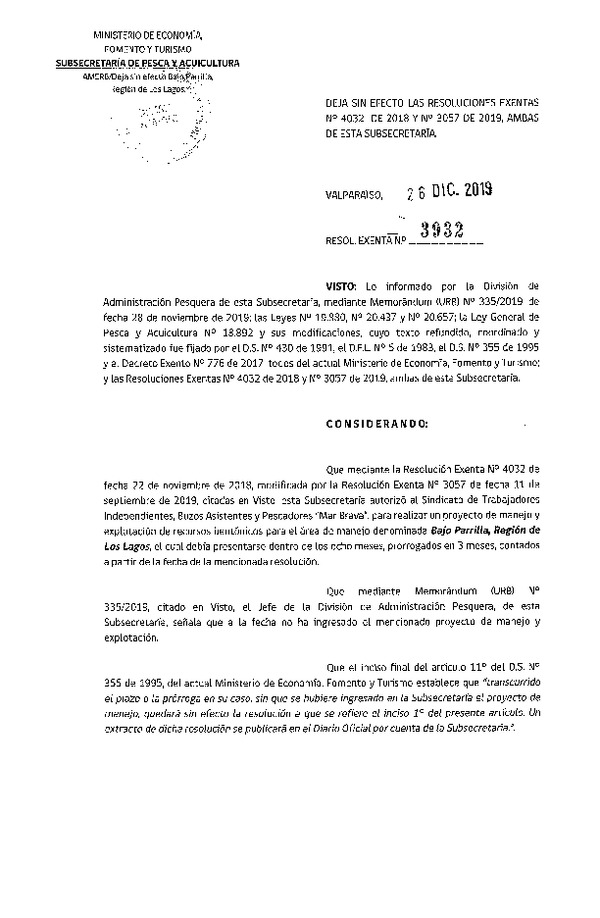 Res. Ex. N° 3932-2019 Deja sin efecto resoluciones que indica. (F.D.O. 08-01-2020)