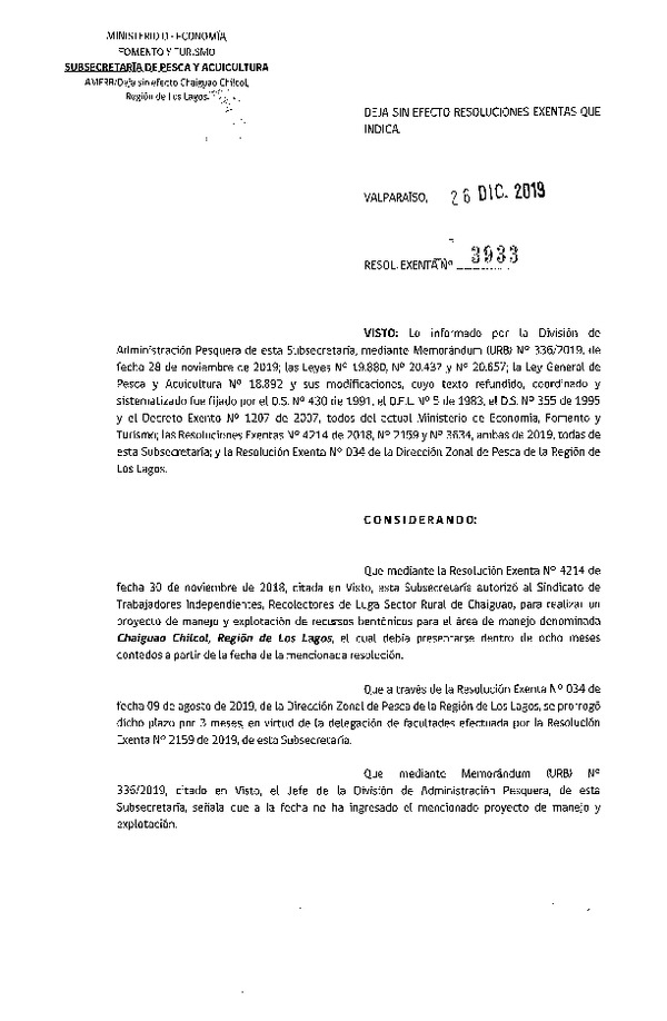 Res. Ex. N° 3933-2019 Deja sin efecto resoluciones que indica. (F.D.O. 08-01-2020)