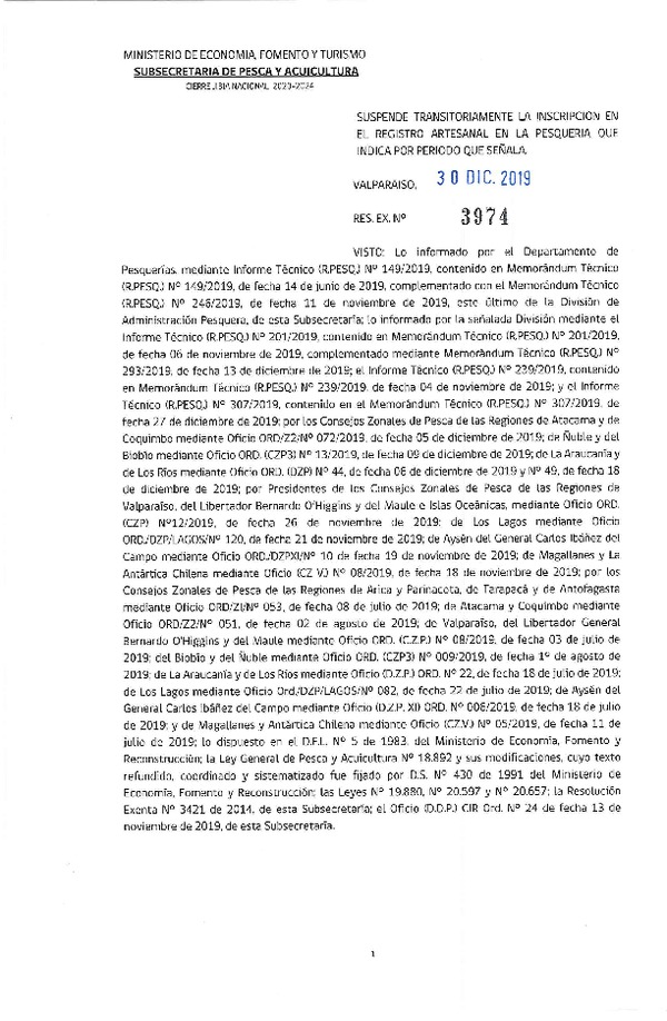 Res. Ex. N° 3974-2019 Suspende Transitoriamente la Inscripción en el Registro Artesanal en la Pesquería del recurso Jibia 2020-2024. (Publicada en Página Web 30-12-2019) (F.D.O. 11-01-2020)