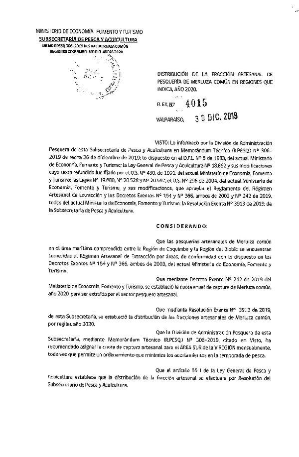 Res. Ex. N° 4015-2019 Distribución de la fracción artesanal de pesquería de merluza común, Regiones de Coquimbo al Biobío, año 2020. (Publicado en Página Web 03-01-2020) (F.D.O. 11-01-2020)