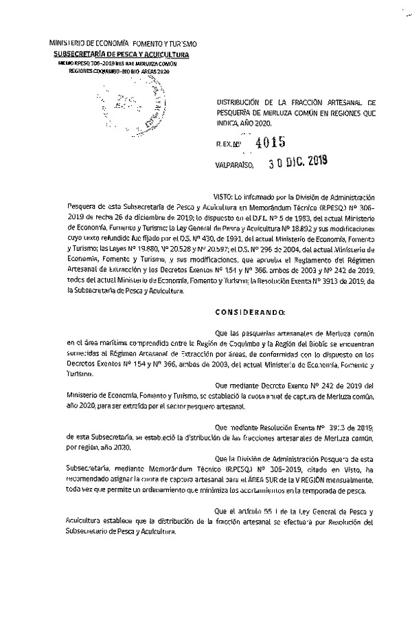 Res. Ex. N° 4015-2019 Distribución de la fracción artesanal de pesquería de merluza común, Regiones de Coquimbo al Biobío, año 2020. (Publicado en Página Web 03-01-2020) (F.D.O. 11-01-2020)