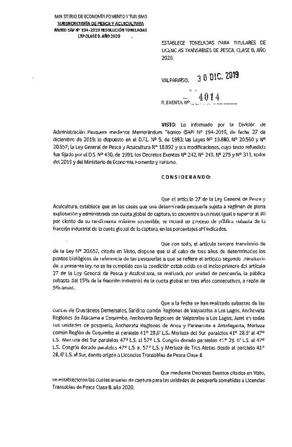 Res. Ex. N° 4014-2019 Establece Toneladas para Titulares de LTP clase B Año 2020. (Publicado en Página Web 06-01-2020) (F.D.O. 11-01-2020)