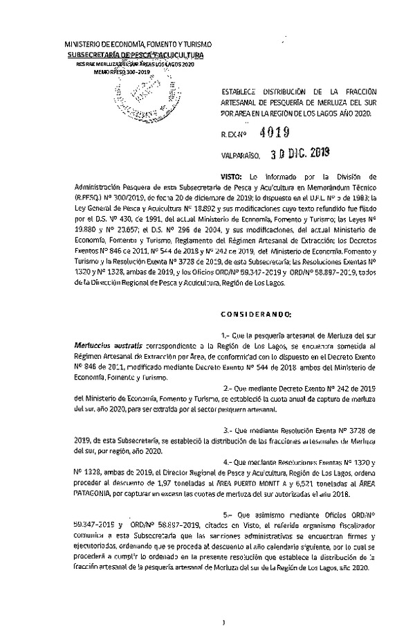 Res. Ex. N° 4019-2019 Establece Distribución de la Fracción Artesanal de Pesquería de Merluza del Sur por Área en la Región de Los Lagos, Año 2020. (Publicado en Página Web 06-01-2020) (F.D.O. 11-01-2020)