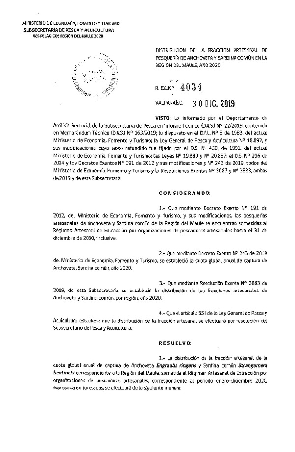 Res. Ex. N° 4034-2019 Distribución de la Fracción Artesanal de Pesquería de Anchoveta y Sardina Común, Región del Maule, Año 2020. (Publicado en Página Web 06-01-2020) (F.D.O. 11-01-2020)