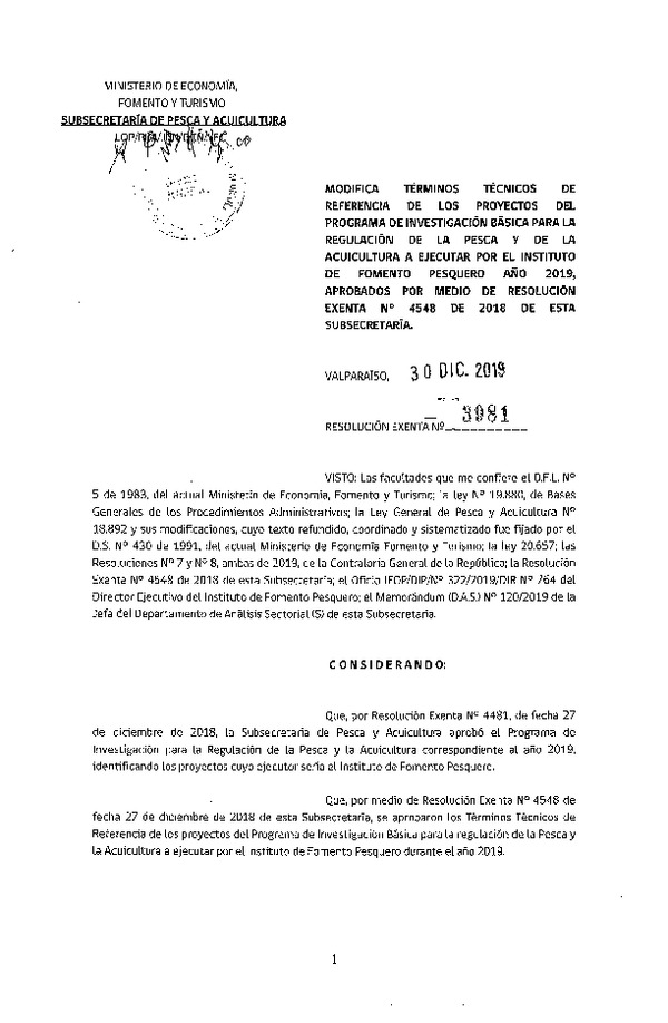 Res. Ex. N°3981-2019 Modifica Res. Ex. N° 4548-2018 Aprueba términos técnicos de referencia de los proyectos del programa de investigación básica para la regulación de la pesca y de la acuicultura a ejecutar por el Instituto de Fomento Pesquero.