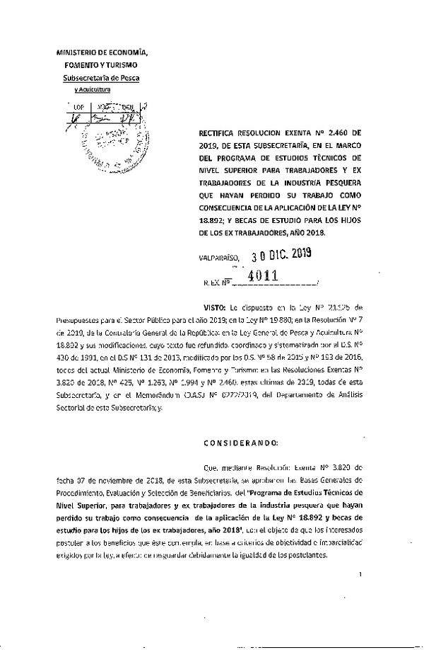 Res. Ex. N° 4011-2019 Rectifica Resolución, en el marco del Programa de Estudios Técnicos de Nivel Superior para trabajadores y ex trabajadores de la industria pesquera.