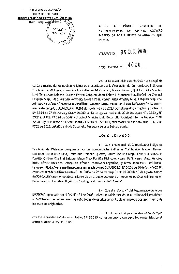 Res. Ex. N° 4020-2019 Acoge a trámite solicitud de establecimiento de ECMPO Huinay.