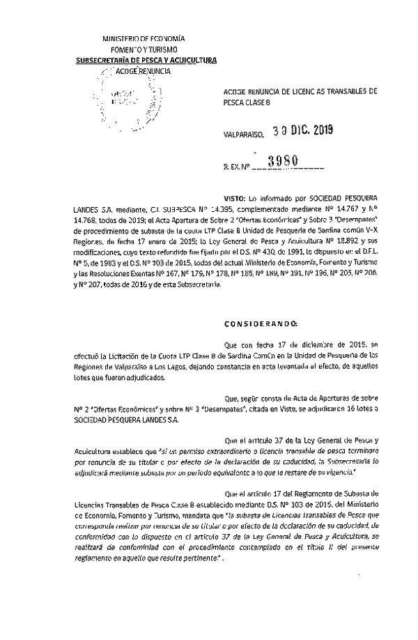 Res. Ex. N° 3980-2019 Acoge renuncia de Licencias Transables de Pesca Clase B. (Publicado en Página Web 07-01-2020)