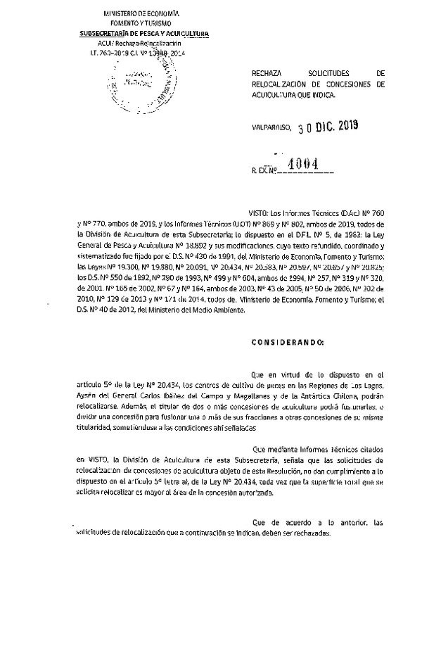 Res. Ex. N° 4004-2019 Rechaza solicitudes de relocalización de concesiones de acuicultura que indica.