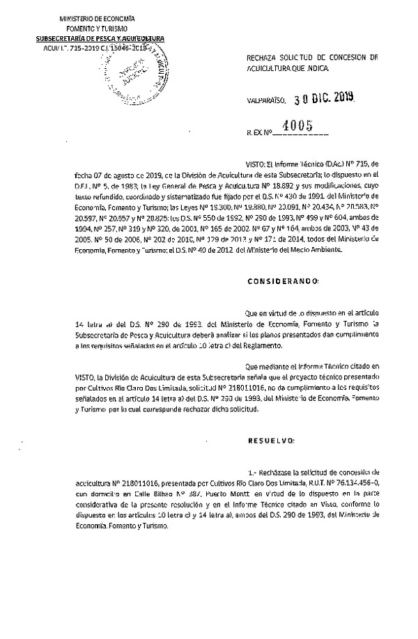 Res. Ex. N° 4005-2019 Rechaza solicitud de concesión de acuicultura que indica.