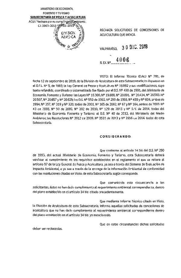 Res. Ex. N° 4006-2019 Rechaza solicitudes de concesiones de acuicultura que indica.