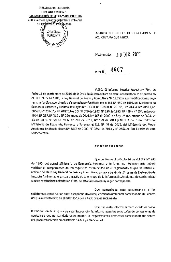 Res. Ex. N° 4007-2019 Rechaza solicitudes de concesiones de acuicultura que indica.