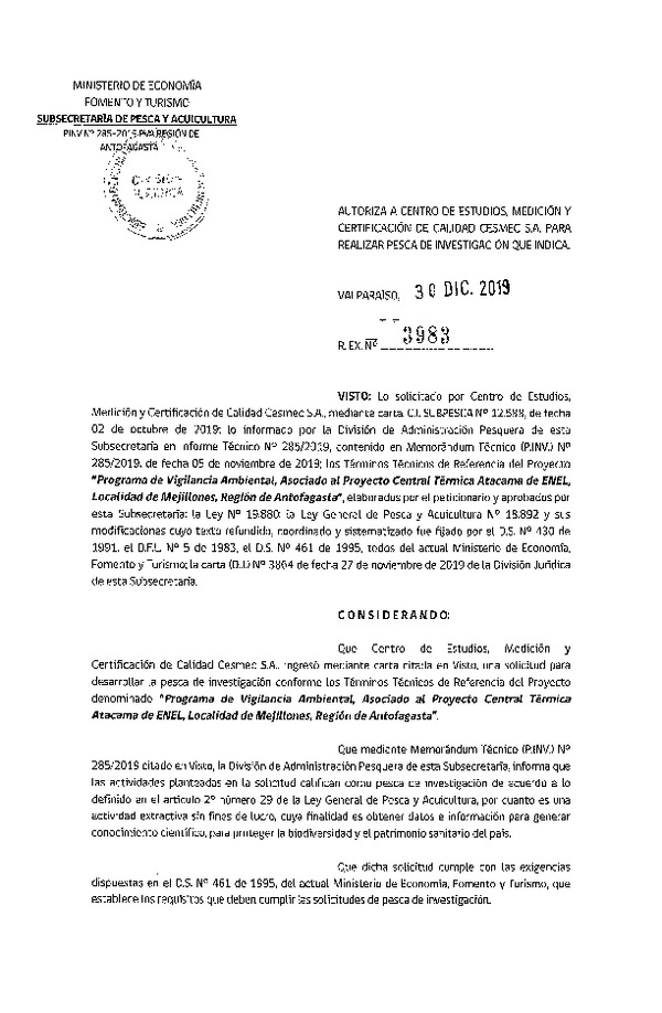 Res. Ex. N° 3983-2019 Programa de vigilancia ambiental, Región de Antofagasta.