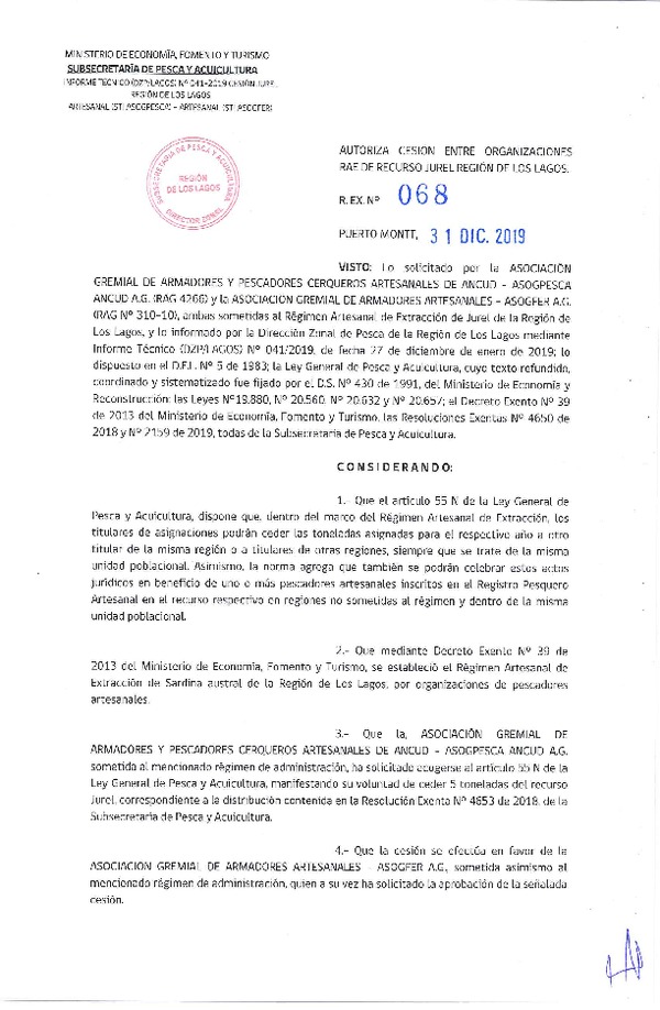 Res. Ex. N° 68-2019 (DZP Los Lagos) Autoriza cesión jurel Región de Los Lagos.