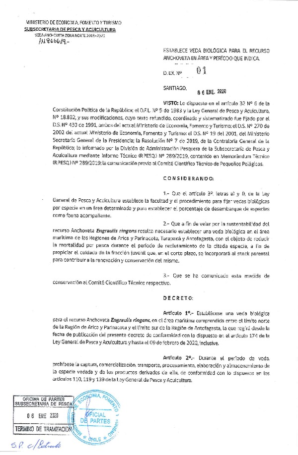 Dec. Ex. N° 1-2020 Establece Veda Biológica para el Recurso Anchoveta entre las Regiones de Arica y Parinacota y Antofagasta. (Publicado en Página Web 07-01-2020) (F.D.O. 10-01-2020)