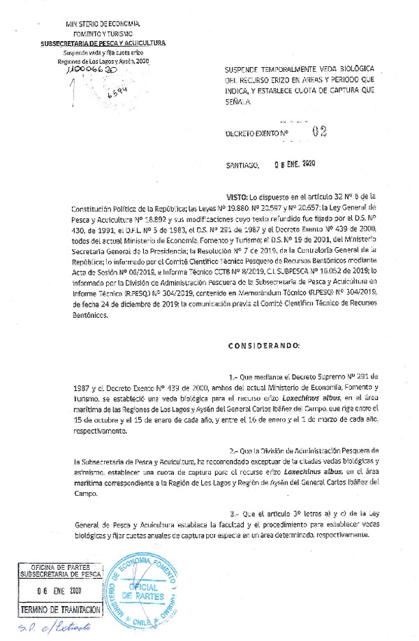 Dec. Ex. N° 2 de 2020, Suspende Temporalmente Veda Biológica del Recurso Erizo, Regiones de Los lagos y Aysén y Establece Cuota de Captura de Señala. (Publicado en Página Web 07-01-2020) (F.D.O. 10-01-2020)