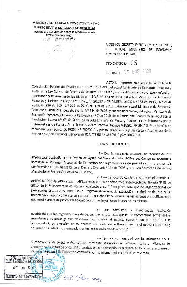 Dec. Ex. N° 5-2020 Modifica Dec. Ex. N°114-2005 Que Estableció Régimen Artesanal de Extracción por Organización para la Pesquería Artesanal de Merluza del sur, Región de Aysén. (Publicado en Página Web 07-01-2020) (F.D.O. 10-01-2020)