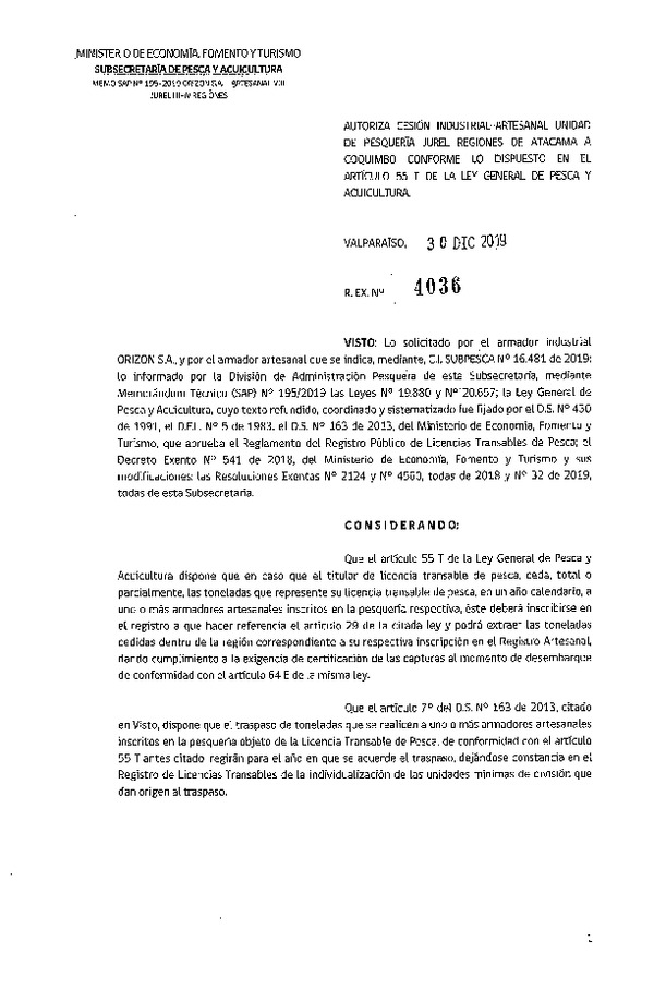 Res. Ex. N° 4036-2019 Autoriza cesión pesquería Jurel, de Regiones de Atacama a Coquimbo.