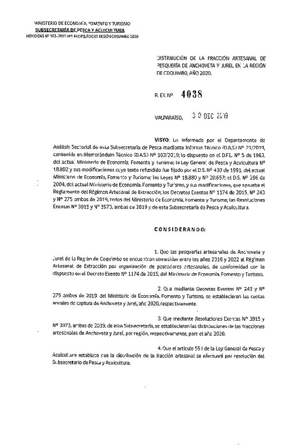 Res. Ex. N° 4038-2019 Distribución de la Fracción Artesanal de Pesquería de Anchoveta y Jurel, Región de Coquimbo, Año 2020. (Publicado en Página Web 07-01-2020)