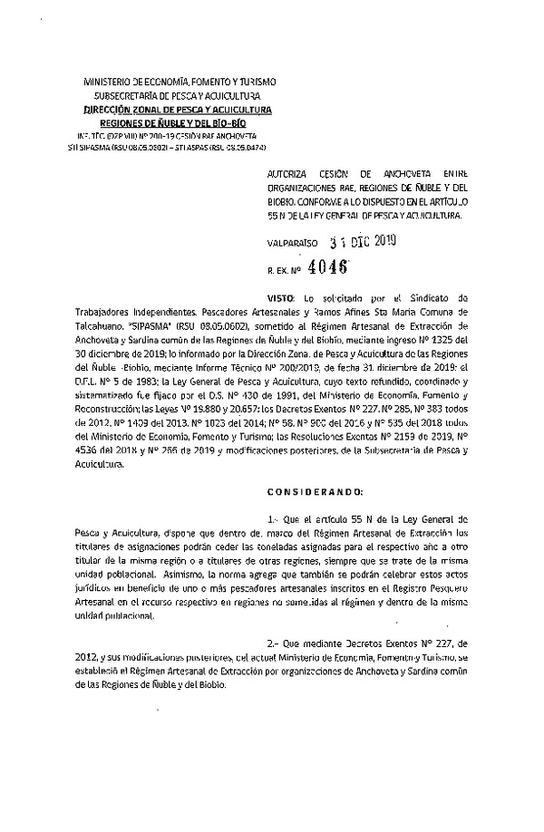Res. Ex. 4046-2019 Autoriza cesión anchoveta, Región de Ñuble y del Biobío.