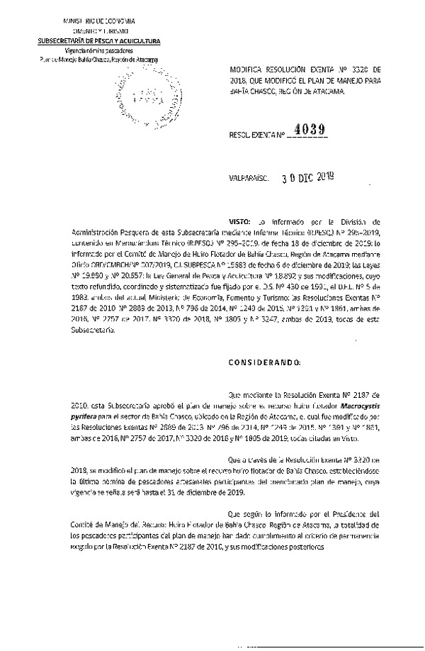 Res. Ex. N° 4039-2019 Modifica Res. Ex. N° 3320-2018 Que Modificó Res. Ex. N° 2187-2010 que Aprobó el plan de manejo para bahía Chasco, Región de Atacama. (Publicado en Página Web 08-01-2020)