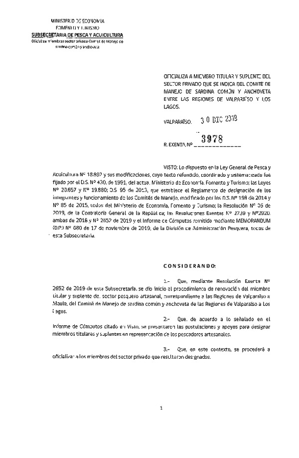 Res. Ex. N° 3978-2019, Oficializa a Miembro Titular y Suplente del Sector Privado que se Indica del Comité de Manejo de Sardina Común y Anchoveta, Regiones de Valparaíso y Los Lagos. (Publicado en Página Web 08-01-2020)