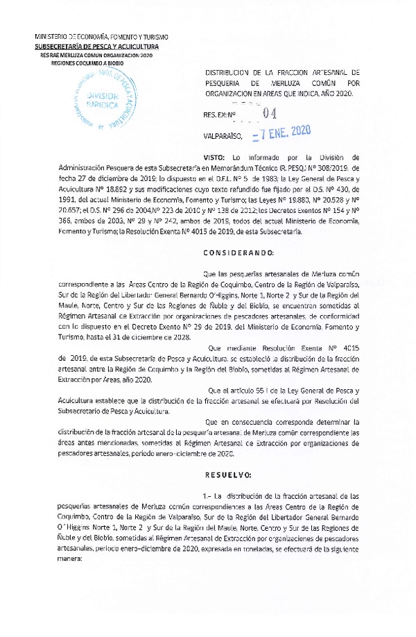 Res. Ex. N° 4-2020 Distribución de la fracción Artesanal de Pesquería de Merluza Común, Por Organización Regiones de Coquimbo al Biobío, Año 2020. (Publicado en Página Web 08-01-2020)