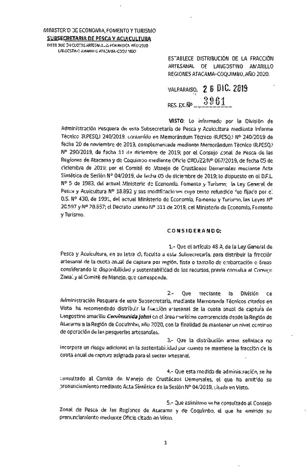 Res. Ex. N° 3961-2019 Establece Distribución de la Fracción Artesanal de Langostino Amarillo, Regiones de Atacama y Coquimbo, Año 2020. (F.D.O. 08-01-2020)