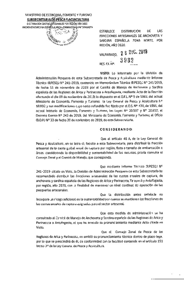 Res. Ex. N° 3962-2019 Establece Distribución de las Fracciones Artesanales de Anchoveta y Sardina Española Zona Norte, Por Región, Año 2020. (F.D.O. 08-01-2020)