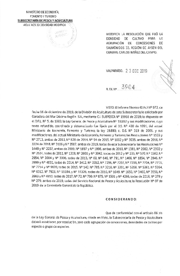 Res. Ex. N° 3904-2019 Modifica Res. Ex. N° 3104-2019 Fija Densidad de Cultivo para la Agrupación de Concesiones de Salmónidos 33, Región de Aysén del General Carlos Ibañez del Campo. (Con Informe Técnico) (F.D.O. 08-01-2020)