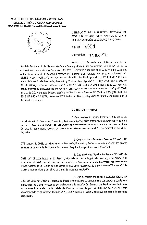 Res. Ex. N° 4051-2019 Distribución de la Fracción Artesanal de Pesquería de Anchoveta, Sardina Común y Jurel, Región de Los Lagos, Año 2020. (Publicado en Página Web 08-01-2020)